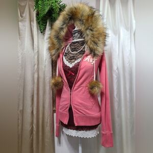 ♡ Y2K ♡ Abercrombie & Fitch Pink Faux Fur Hood Double Zipper Jacket Pompoms